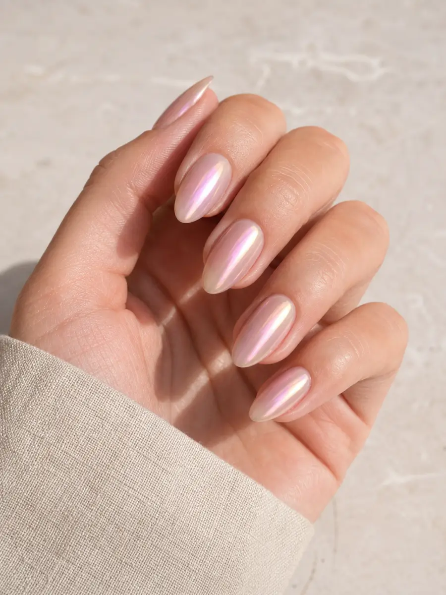 Rose Glazed Wedding Guest Nails: medium almond, rosy nude opalescent glaze