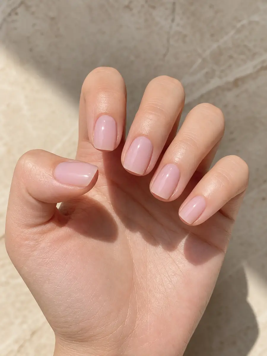 Milky Pink Wedding Guest Nails: short squoval, sheer milky pink jelly gel