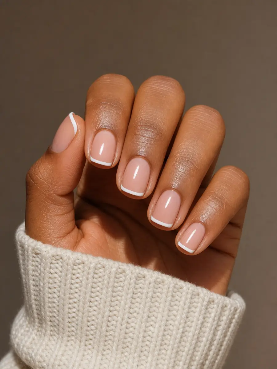 White French Tips on Deep Skin: short square, crisp white tip, deep skin tone