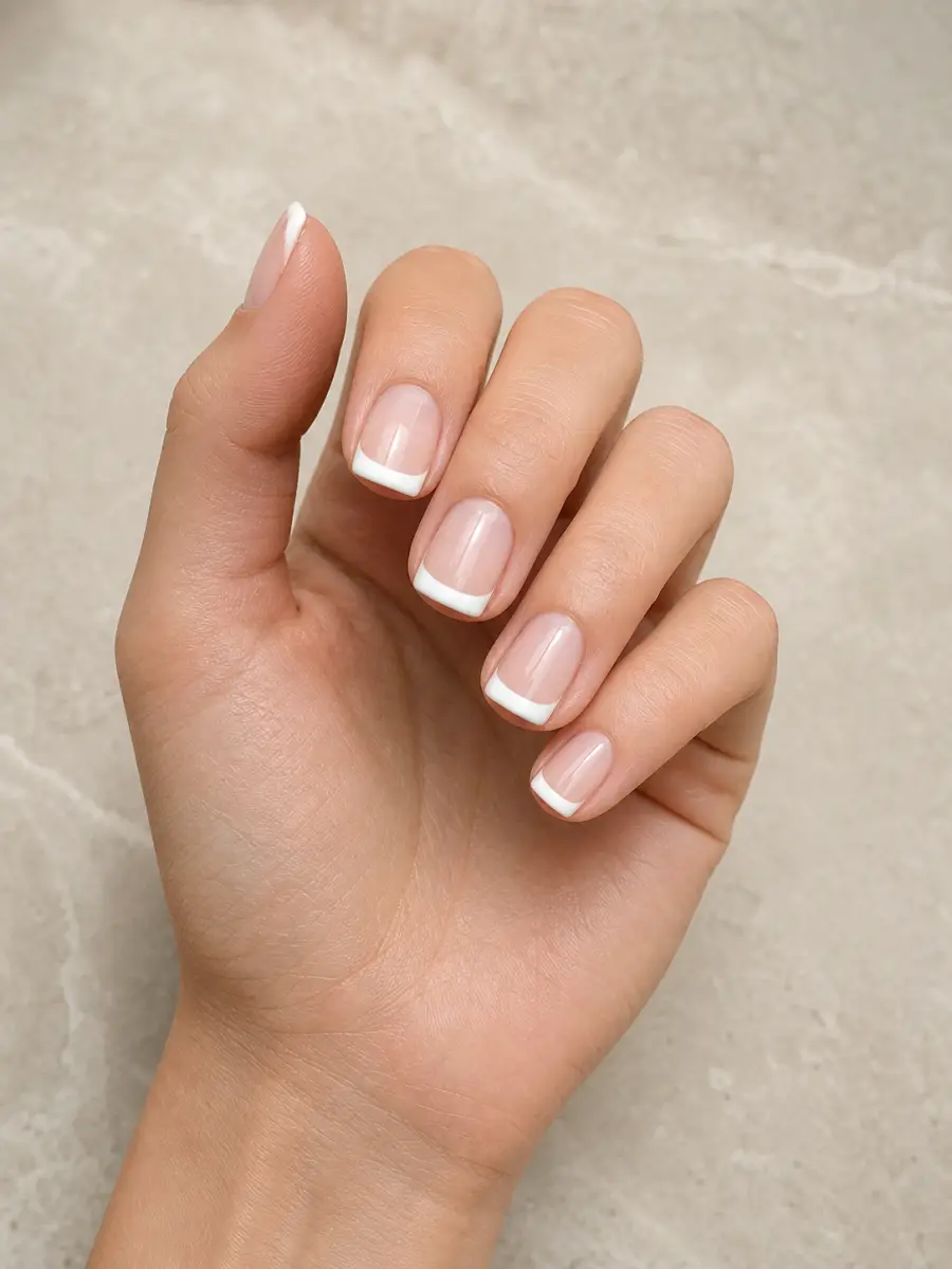 Short Square White French Nails: short square, opaque white smile line