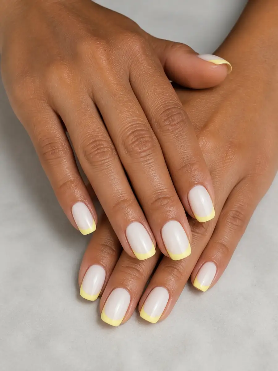Lemon French Tips: butter yellow over white base, lemon french tips