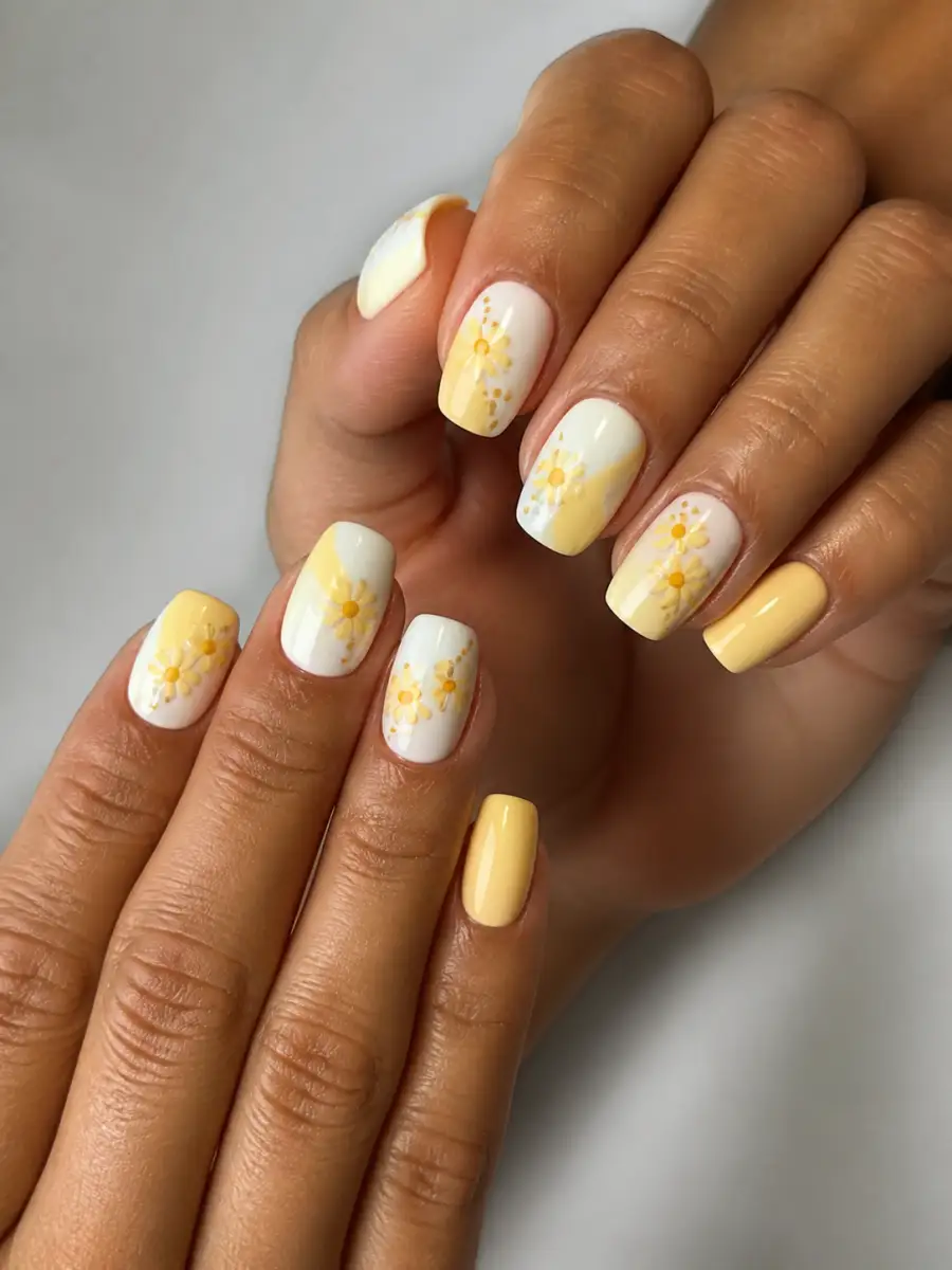 Yellow Daisy Nails: butter yellow over white base, yellow daisy