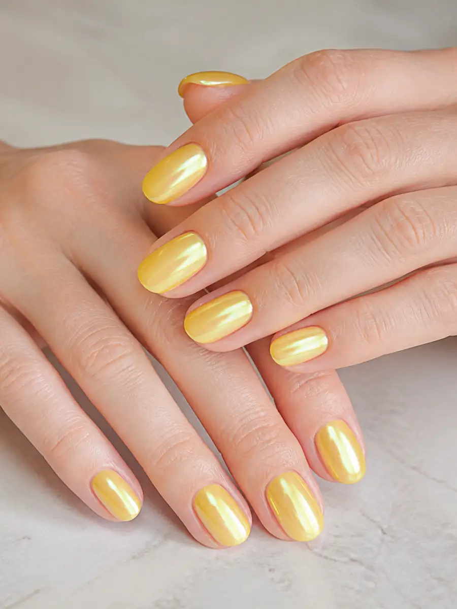 Yellow Chrome Nails: butter yellow over white base, yellow chrome