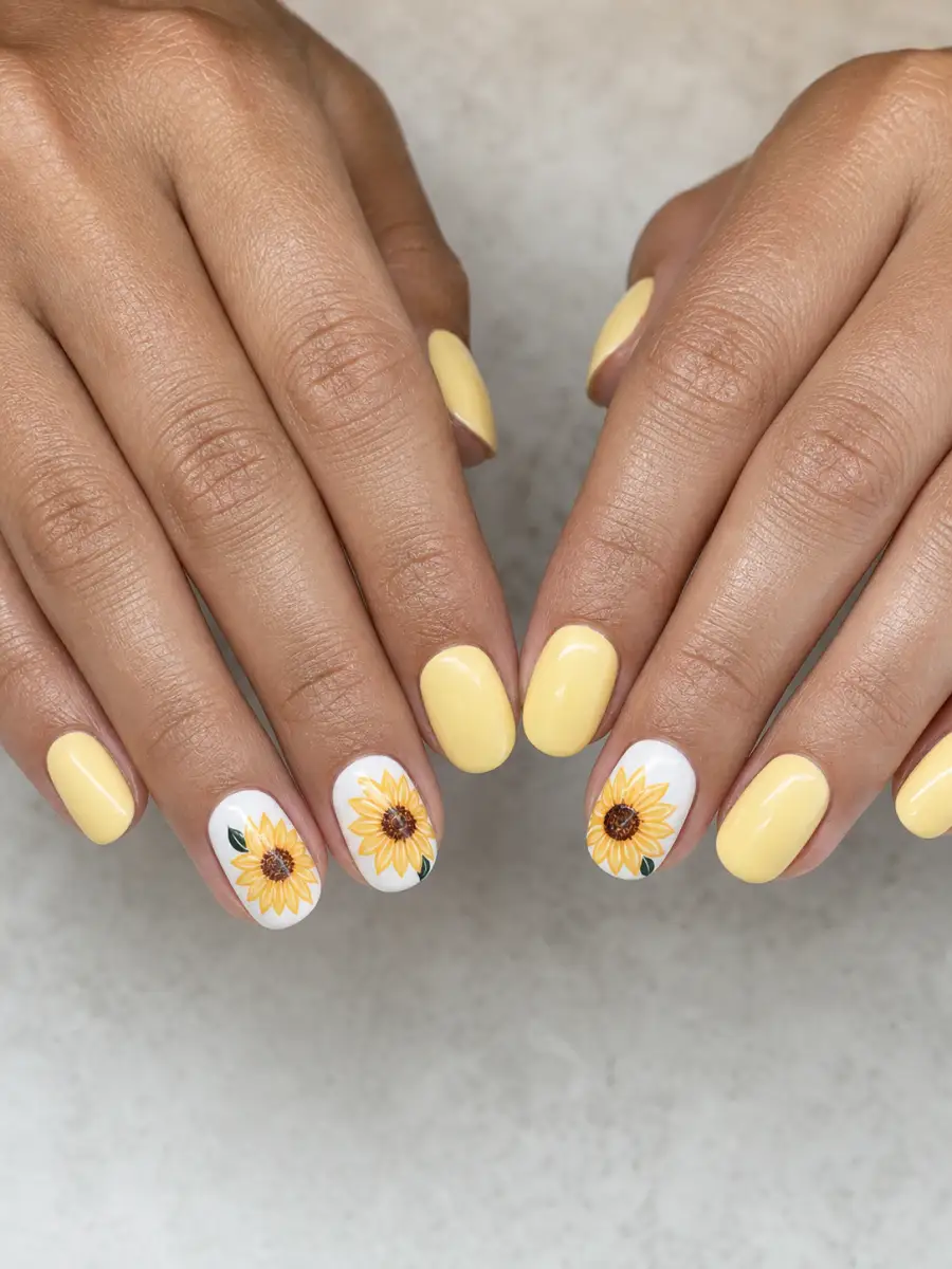 Sunflower Accent Nails: butter yellow over white base, sunflower accent