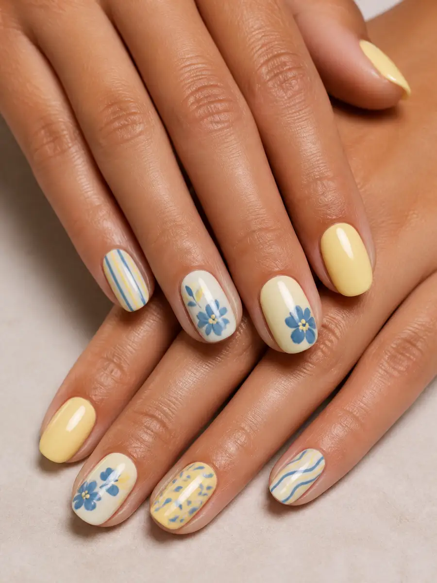 Yellow Blue Mix Nails: butter yellow over white base, yellow blue mix