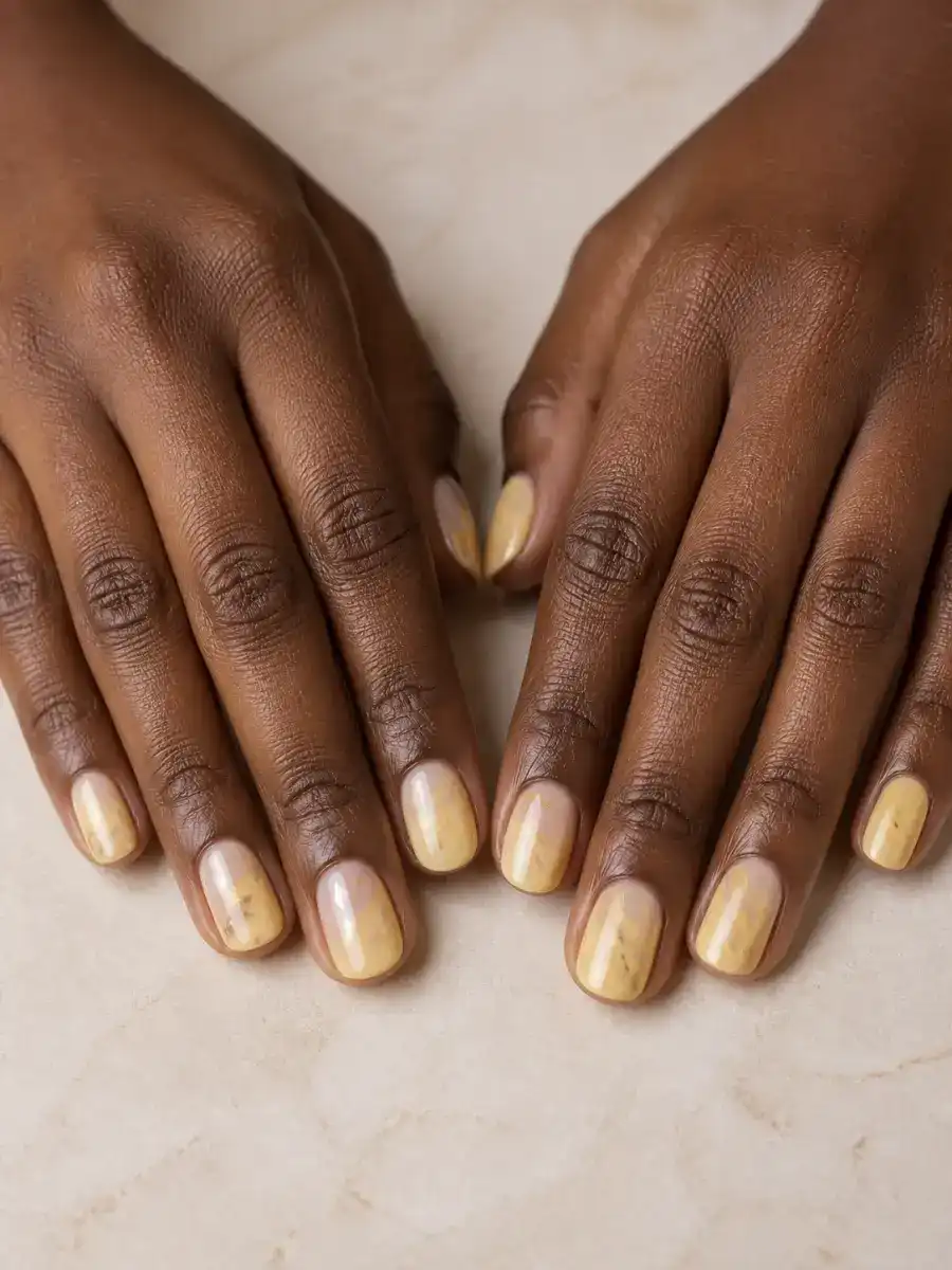 Honey Gold Nails: butter yellow over white base, honey gold