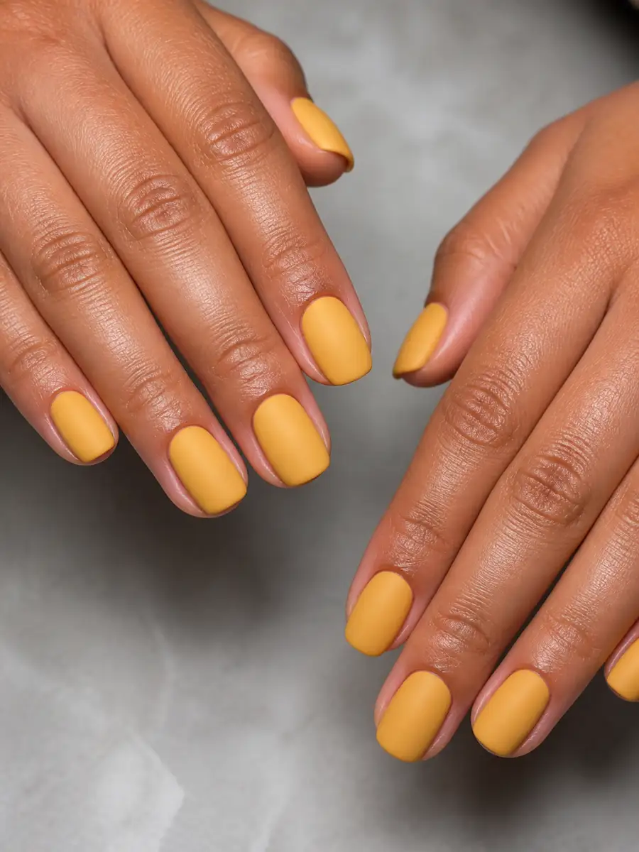 Matte Mustard Nails: butter yellow over white base, matte mustard