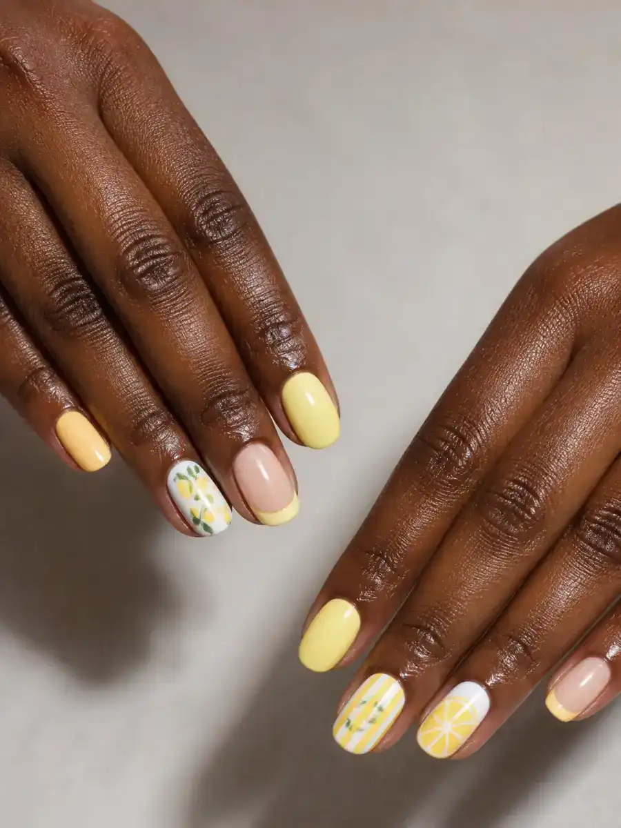 Citrus Mix and Match Nails: butter yellow over white base, citrus mix and match